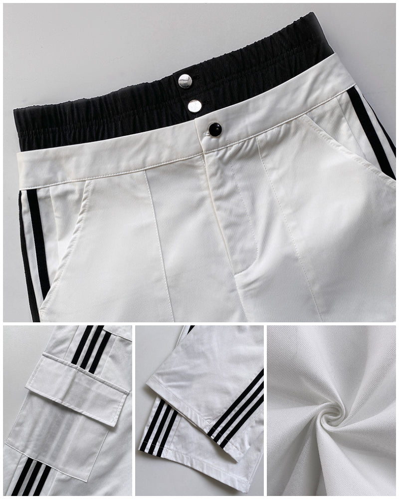Contrast Side Striped Zipper Fly Stretchy High Waist Pants Flap Pockets Design Double Waistband Cargo Pants