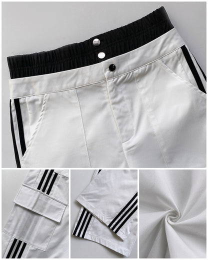 Contrast Side Striped Zipper Fly Stretchy High Waist Pants Flap Pockets Design Double Waistband Cargo Pants