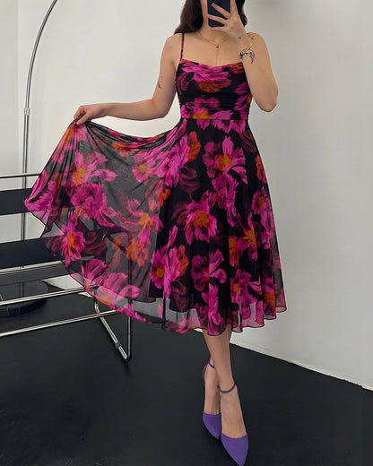 Vintage Oil Painting Floral Print Cowl Neck Adjustable Spaghetti Straps A Line Dress Elegant Cinched Waist Zipper Back Party Dress