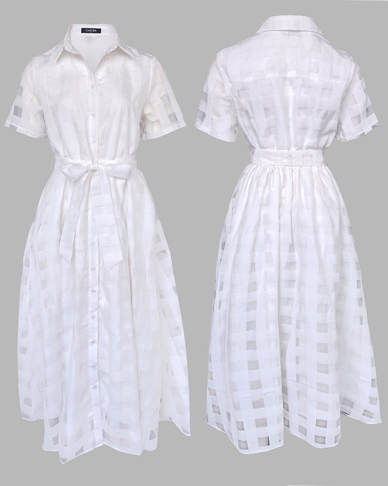 Turn Down Collar Plaid Mesh Double Layered Cinched Waist Maxi Dress Button Down Bow Tie Waist Commuting Dress