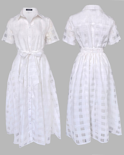 Turn Down Collar Plaid Mesh Double Layered Cinched Waist Maxi Dress Button Down Bow Tie Waist Commuting Dress