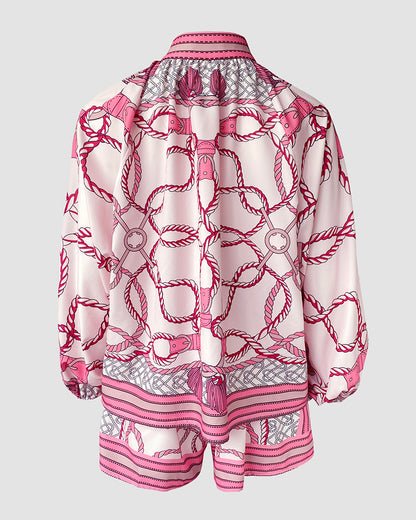 Chain Print Stand Collar Lantern Sleeve Button Front Top and Casual Elastic Waist Shorts Set