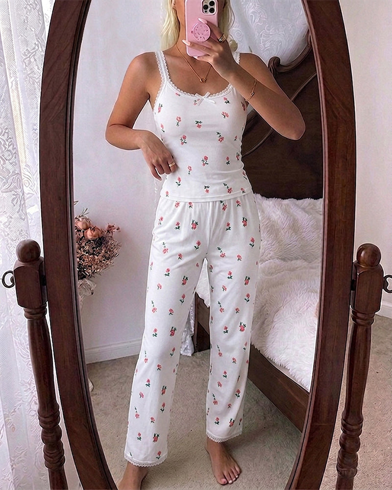 Women's Ditsy Floral Print 2 Piece Pajamas Set Lace Cami Top and Pants Casual Loungewear Bowknot Sleepwear