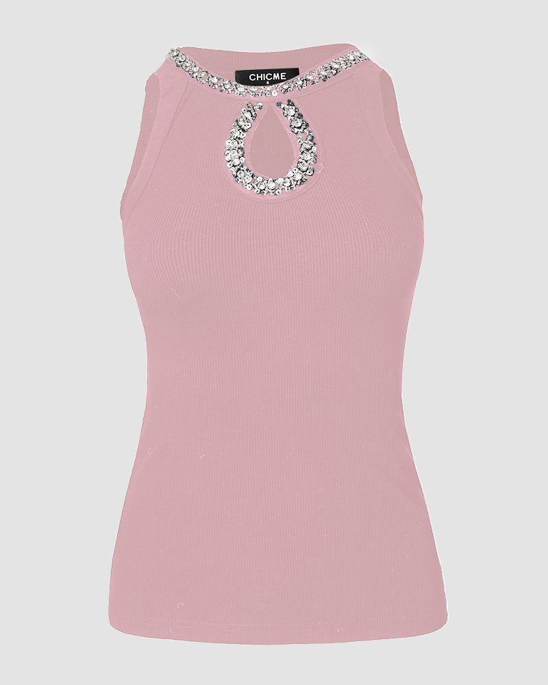Rhinestone Contrast Sequin Keyhole Neck Sleeveless Slim Fit Elasticity Ribbed Top Elegant Tank