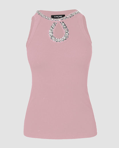 Rhinestone Contrast Sequin Keyhole Neck Sleeveless Slim Fit Elasticity Ribbed Top Elegant Tank