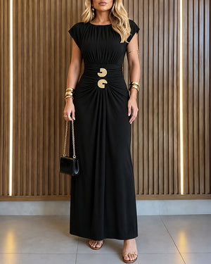 Women's Boat Neck Ruched Maxi Dress Gold Buckle Cap Sleeve Formal Evening Gown