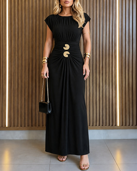 Women's Boat Neck Ruched Maxi Dress Gold Buckle Cap Sleeve Formal Evening Gown