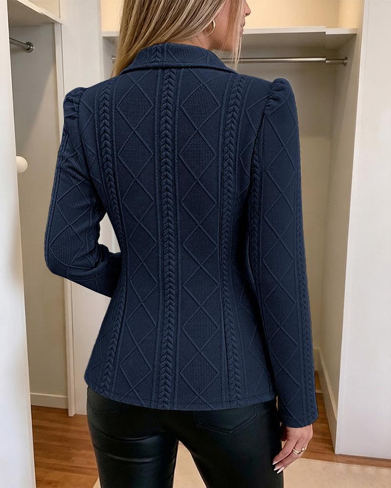 Blazer elegante de mujer con textura de cuadros de rombos, corte entallado, mangas abullonadas y botones dorados, chaqueta de traje para oficina con bolsillos