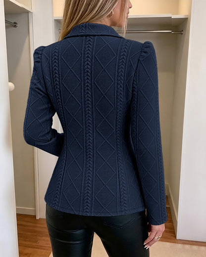 Blazer elegante de mujer con textura de cuadros de rombos, corte entallado, mangas abullonadas y botones dorados, chaqueta de traje para oficina con bolsillos