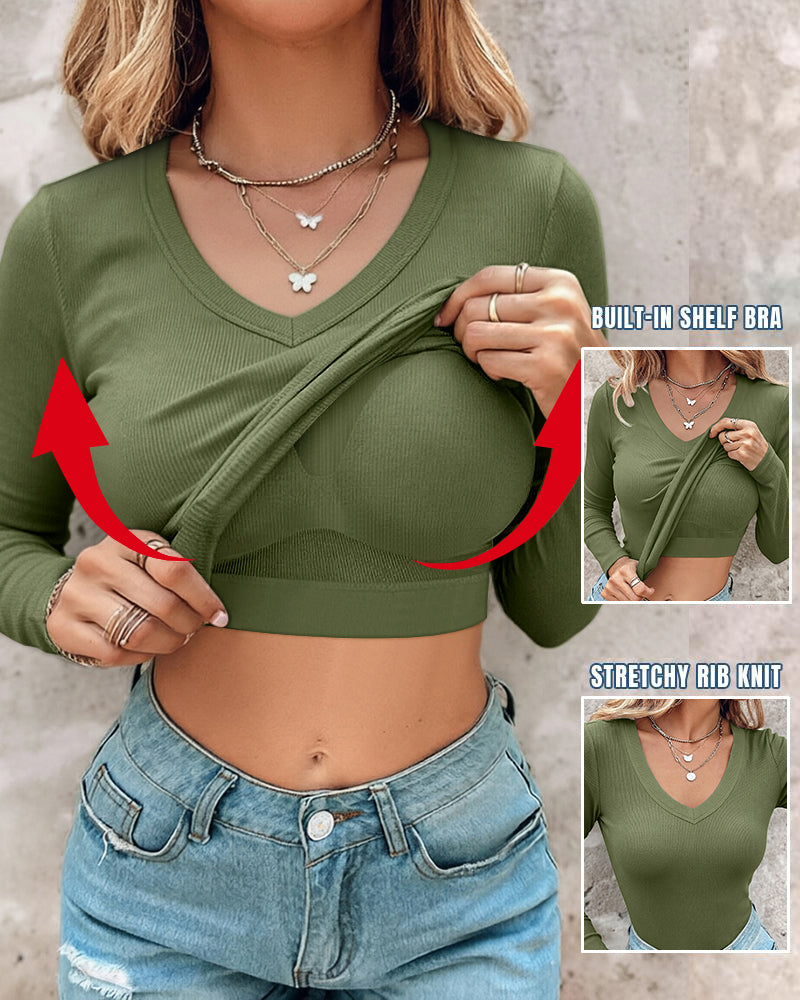 Women's V Neck Long Sleeve Ribbed Knit Top Slim Fit Base Layer Shirt Soft Stretchy Casual Tee with Built-in Bra