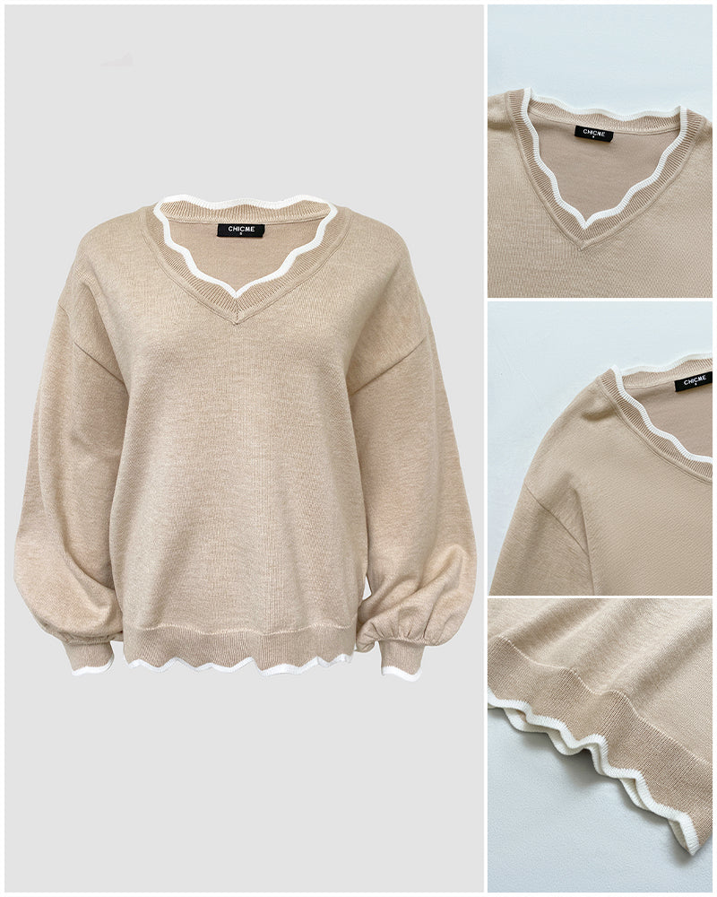 Women's Contrast Scallop Trim Knit Top V Neck Lantern Sleeve Loose Fit Casual Pullover Sweater