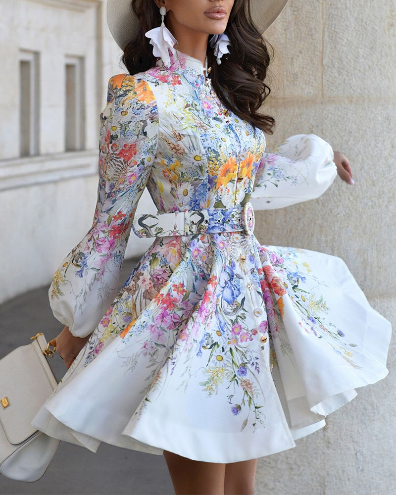 French Style Floral Print Stand Collar Lantern Sleeve Mixed-shape Button Down Dress Elegant Palace Style Cinched Waist Umbrella Hem Dress with Belt