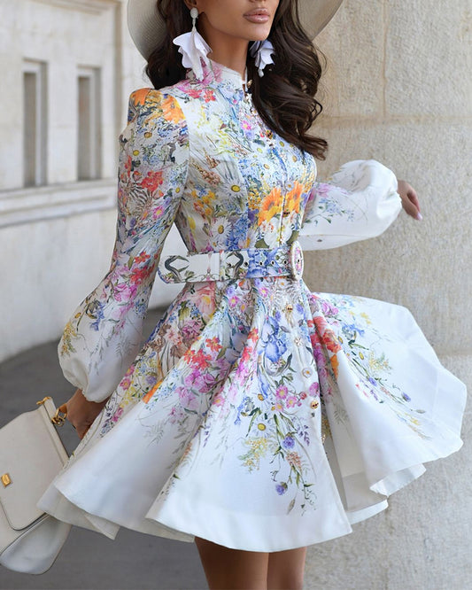 French Style Floral Print Stand Collar Lantern Sleeve Mixed-shape Button Down Dress Elegant Palace Style Cinched Waist Umbrella Hem Dress with Belt