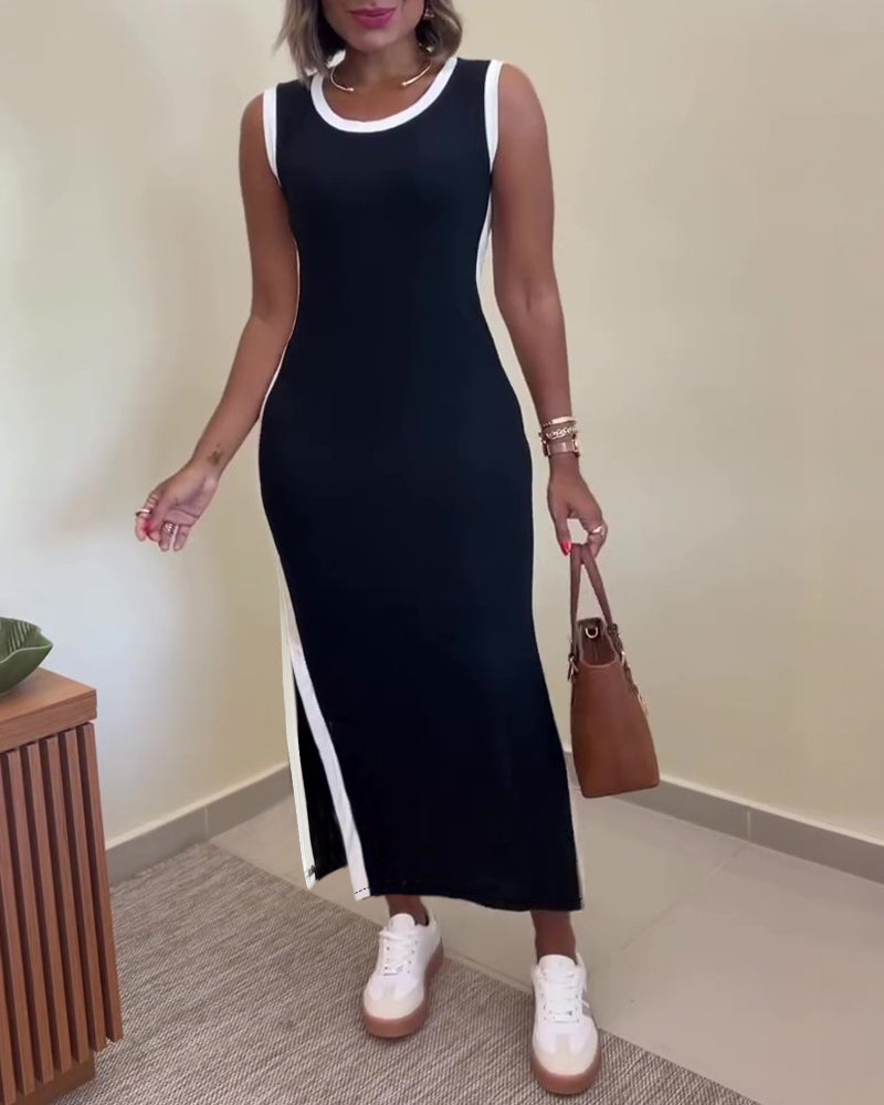 Women's Contrast Binding Tank Dress Slim Fit Sleeveless Maxi Dress Side Slit Casual Knit Sundress