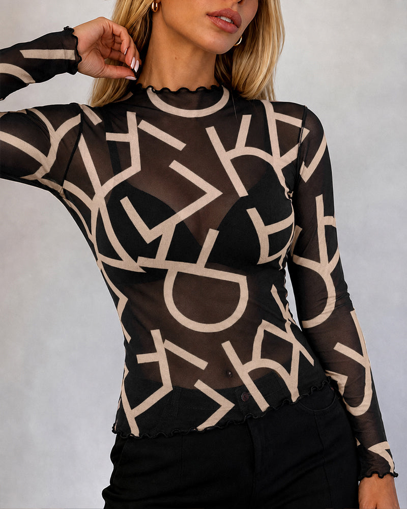 Women's Sheer Mesh Letter Print Mock Neck Frill Trim Long Sleeve Top
