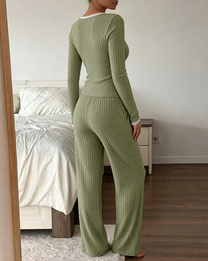 Women's 2 Piece Ribbed Lounge Sets Lace Trim Long Sleeve Top and High Waisted Pants Pajamas Sets with Pockets