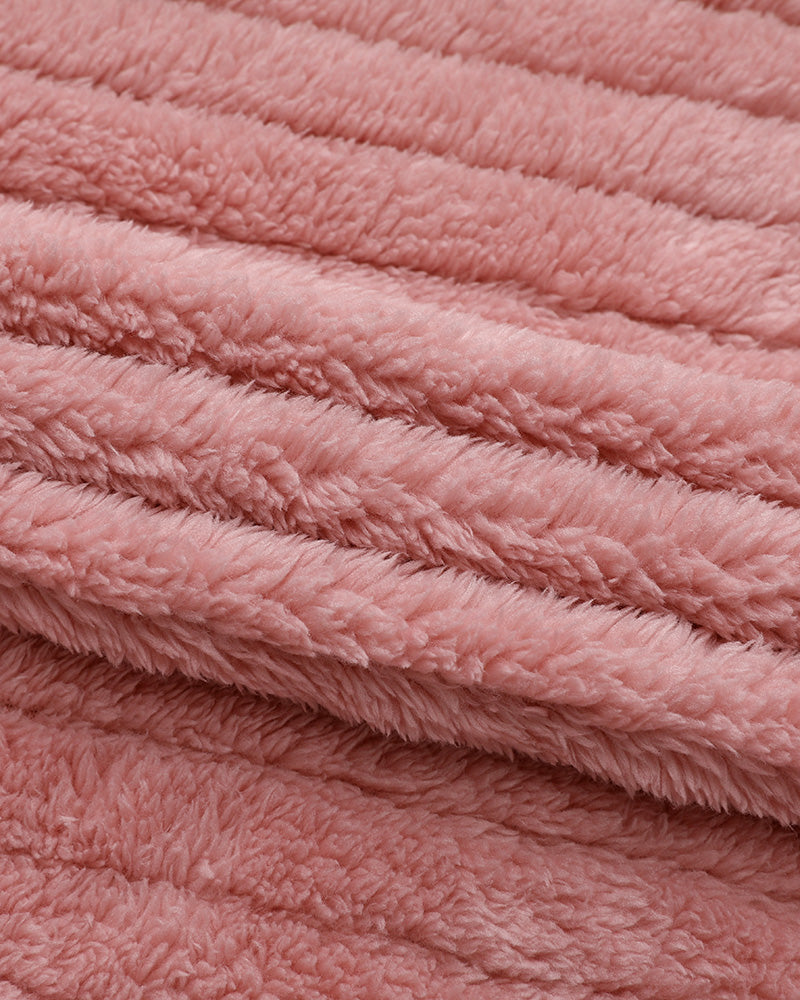 Textured Striped Turn-down Collar Button Front Elastic Cuff and Hem Teddy Fleece Jacket With Decorative Flap Pockets