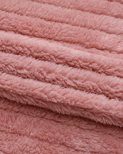 Textured Striped Turn-down Collar Button Front Elastic Cuff and Hem Teddy Fleece Jacket With Decorative Flap Pockets