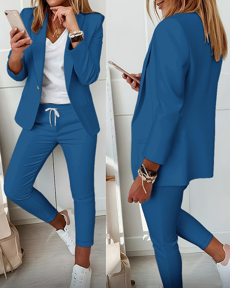 2 Pieces Outfit Shawl Collar Single Breasted Pockets Design Blazer Coat And Drawstring Elastic Waist Slim Fit Pants Set