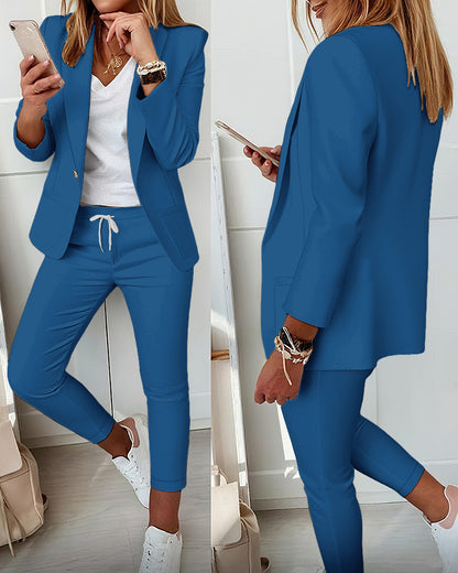 2 Pieces Outfit Shawl Collar Single Breasted Pockets Design Blazer Coat And Drawstring Elastic Waist Slim Fit Pants Set
