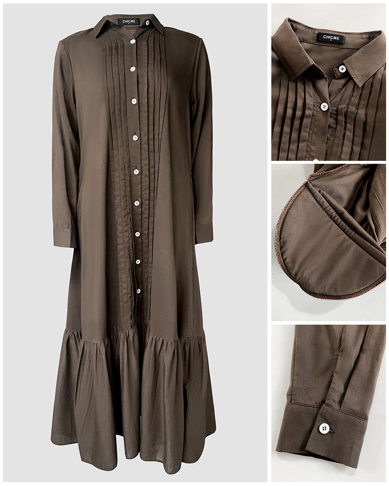Turn-down Collar Pleated Design Button Down Slit Shirt Dress Casual Ruffle Hem Maxi Dress