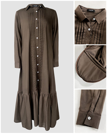 Turn-down Collar Pleated Design Button Down Slit Shirt Dress Casual Ruffle Hem Maxi Dress