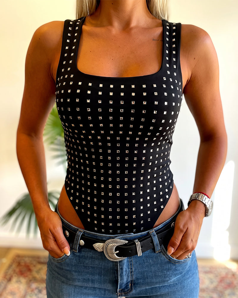 Women's Rhinestone Square Neck Sleeveless Bodysuit Sparkle Slim Fit Bodysuit