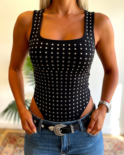 Women's Rhinestone Square Neck Sleeveless Bodysuit Sparkle Slim Fit Bodysuit