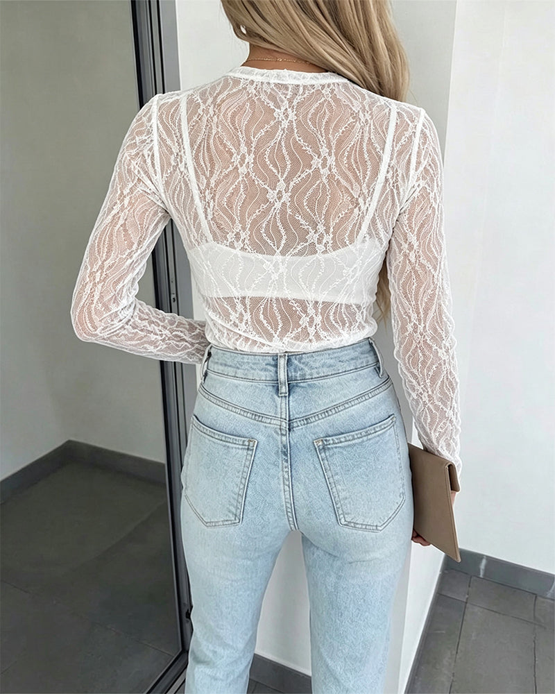 Women's Jacquard Textured Sheer Lace Long Sleeve Top Crewneck Slim Fit Tee with Thumb Holes