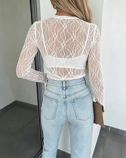 Women's Jacquard Textured Sheer Lace Long Sleeve Top Crewneck Slim Fit Tee with Thumb Holes