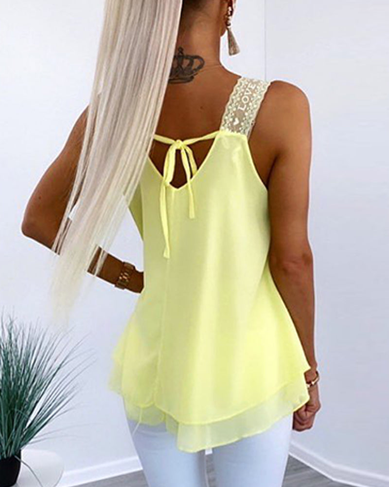 U-Neck Thick Strap Tank Contrast Lace Tied Detail Top