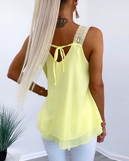 U-Neck Thick Strap Tank Contrast Lace Tied Detail Top