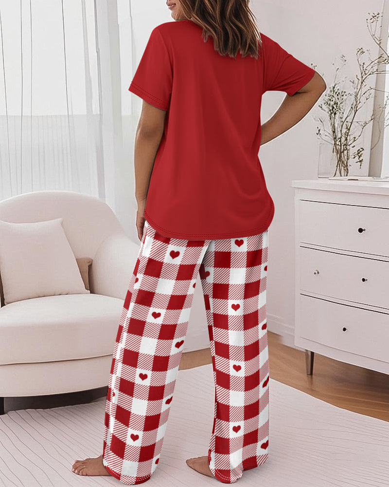 Valentine's Day 2 Pieces Outfit Sleep Letter Print Round Neck Short Sleeve Top and Heart & Colorblock Plaid Print Elastic Waist Pants Set Casual Loose Fit Pajamas Set