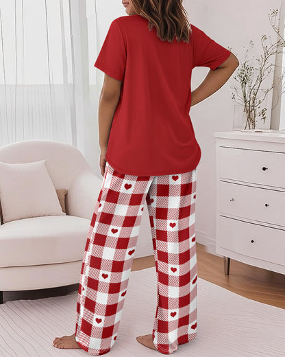 Valentine's Day 2 Pieces Outfit Sleep Letter Print Round Neck Short Sleeve Top and Heart & Colorblock Plaid Print Elastic Waist Pants Set Casual Loose Fit Pajamas Set