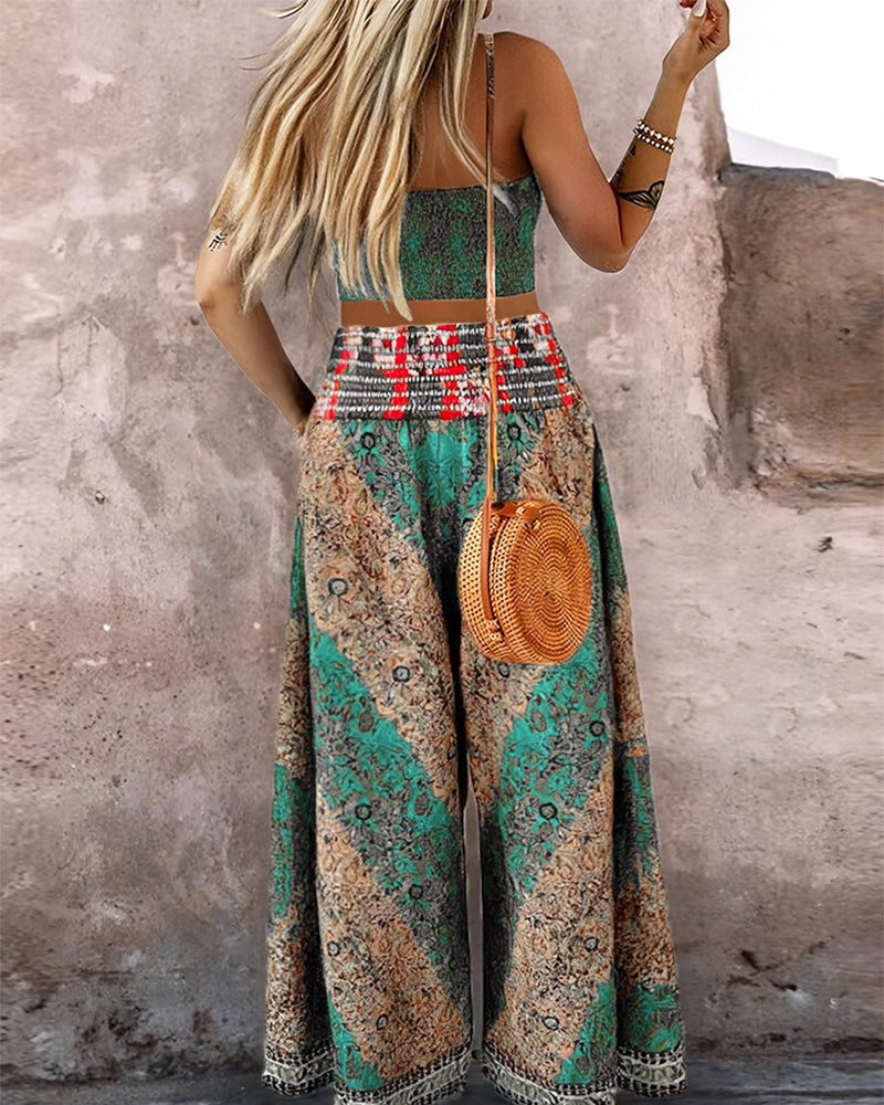 2 Piece Tribal Pattern V-Neck Sleeveless Spaghetti Strap Crop Tank Shirred High Waist Wide Leg Pants Vacation Pants Set