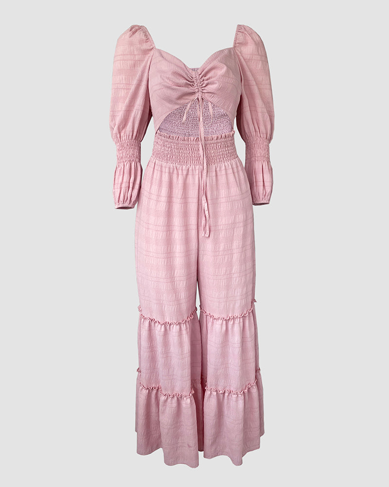 Square Neck Long Sleeve Drawstring  Shirred Jumpsuit