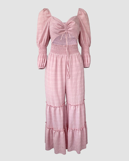 Square Neck Long Sleeve Drawstring  Shirred Jumpsuit