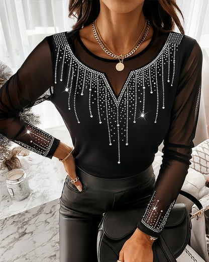 Rhinestone Decor Long Sleeve Sheer Mesh Spliced Tee Slim Fit Top