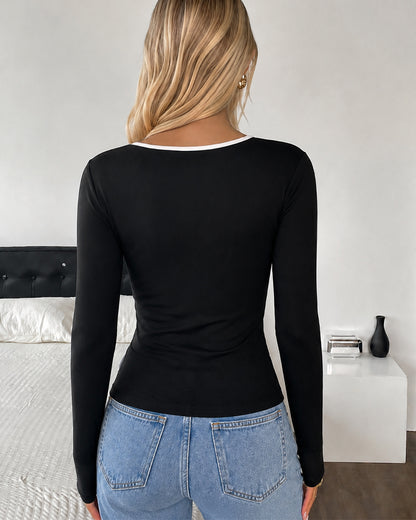 Women's Asymmetrical Neck Floral Cutout Top Slim Fit Long Sleeve Contrast Piping T Shirt