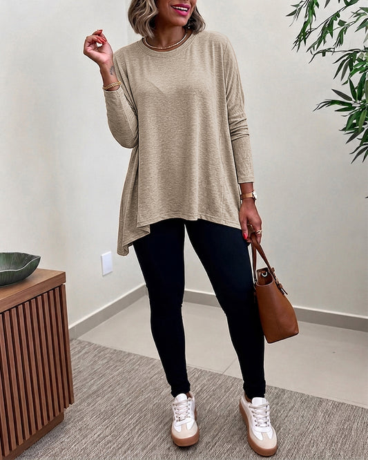 Langärmliges Damen-Oberteil mit asymmetrischem Saum, lockere Passform, tiefe Schultern, Rundhalsausschnitt, weiches, lässiges Freizeit-T-Shirt