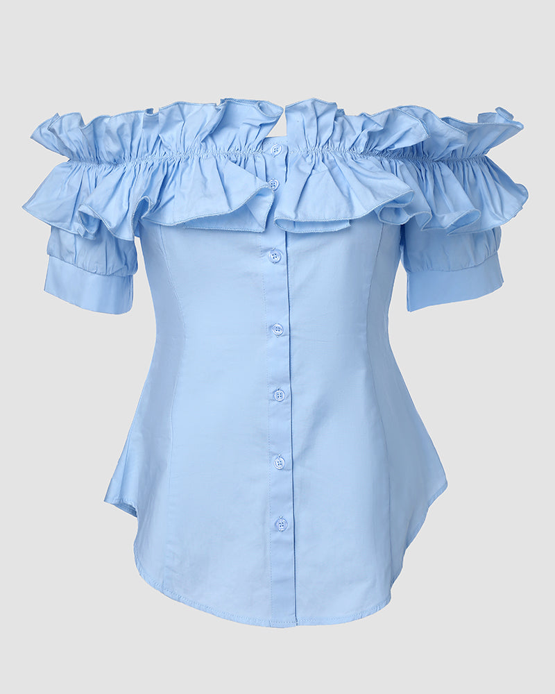 Off the Shoulder Short Sleeve Blouses Asymmetrical Button Ruffles Blouses