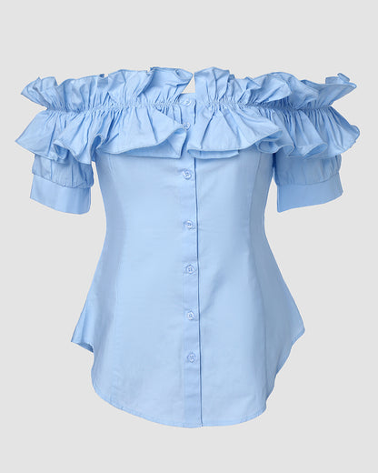 Off the Shoulder Short Sleeve Blouses Asymmetrical Button Ruffles Blouses