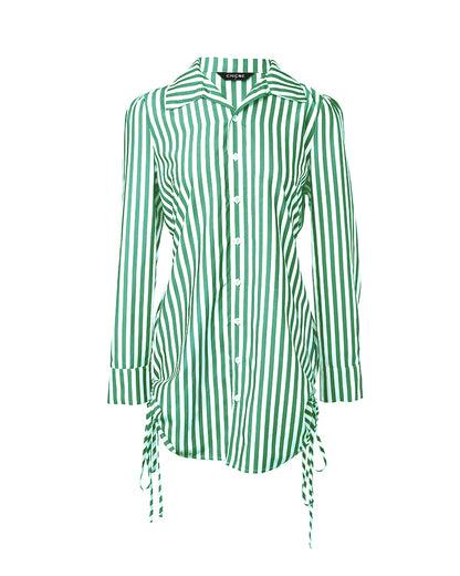 Striped Turn-down Collar Long Sleeve Dress Button Drwastring  Shirred Dress