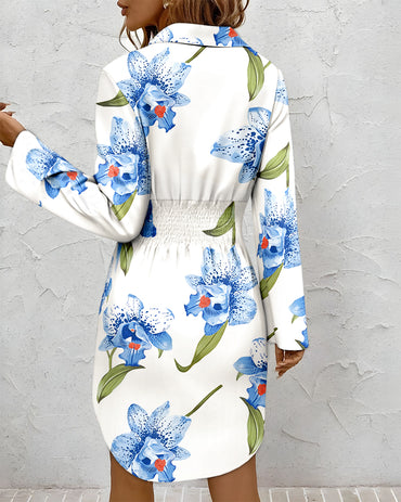 Floral Print Turn-down Collar Turn-Up Sleeves Shirred Back Shirt Dress Casual Button Down Cinched Waist Asymmetrical Hem Vacation Dress