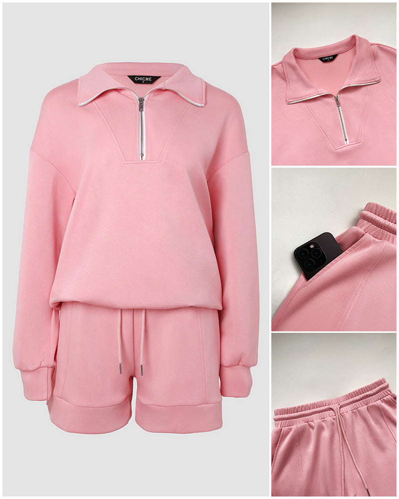 Women's Half Zipper Sweatshirt and Drawstring Shorts Set Casual Stand Collar Pullover Elastic Waist Matching Outfit