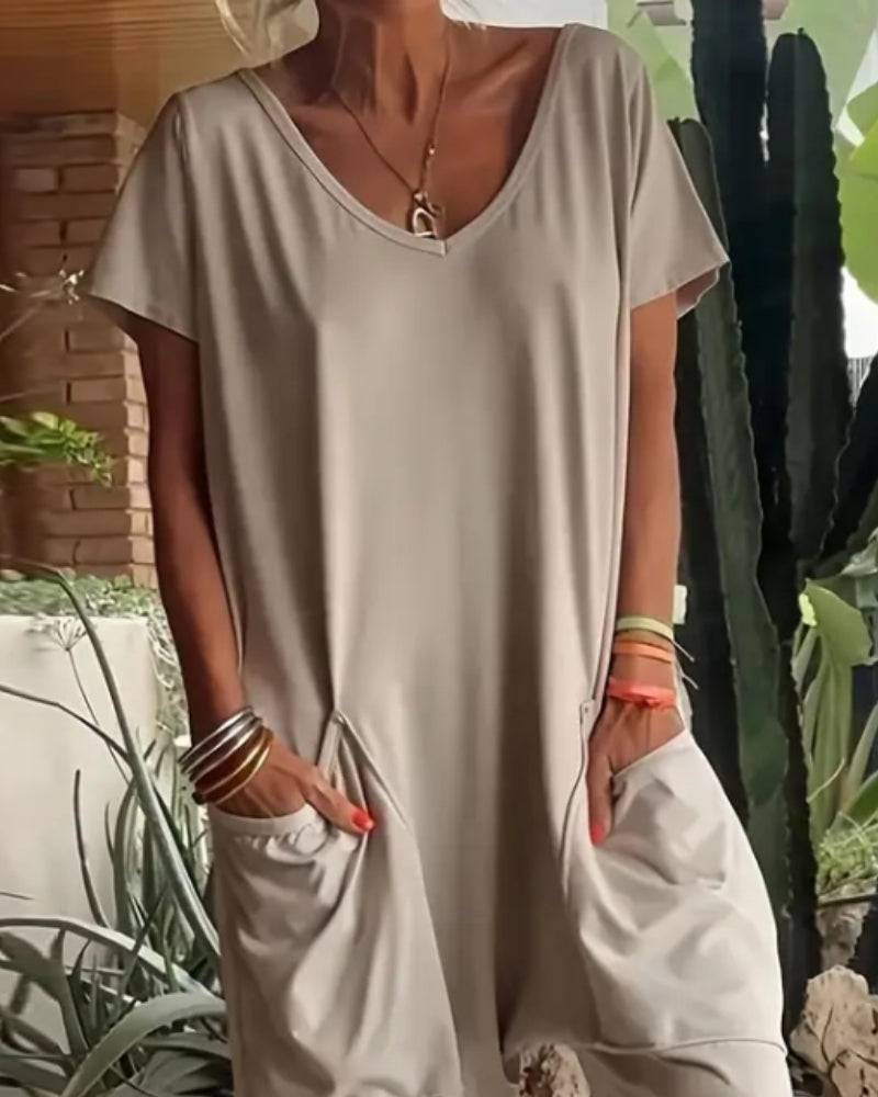 V-Neck High Stretch Tapered Drop-Crotch Casual Jumpsuit With Pockets