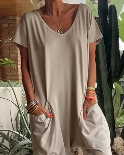 V-Neck High Stretch Tapered Drop-Crotch Casual Jumpsuit With Pockets