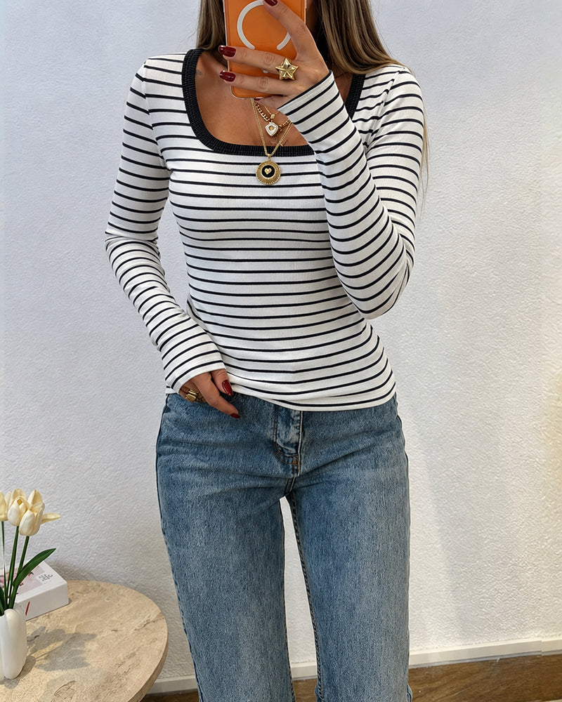 Women's Striped U-Neck Long Sleeve Top Contrast Trim Fitted T Shirt