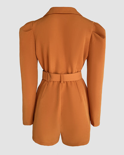 Notched Collar Puff Sleeve 2-in-1 Blazer Romper with Detachable Belt