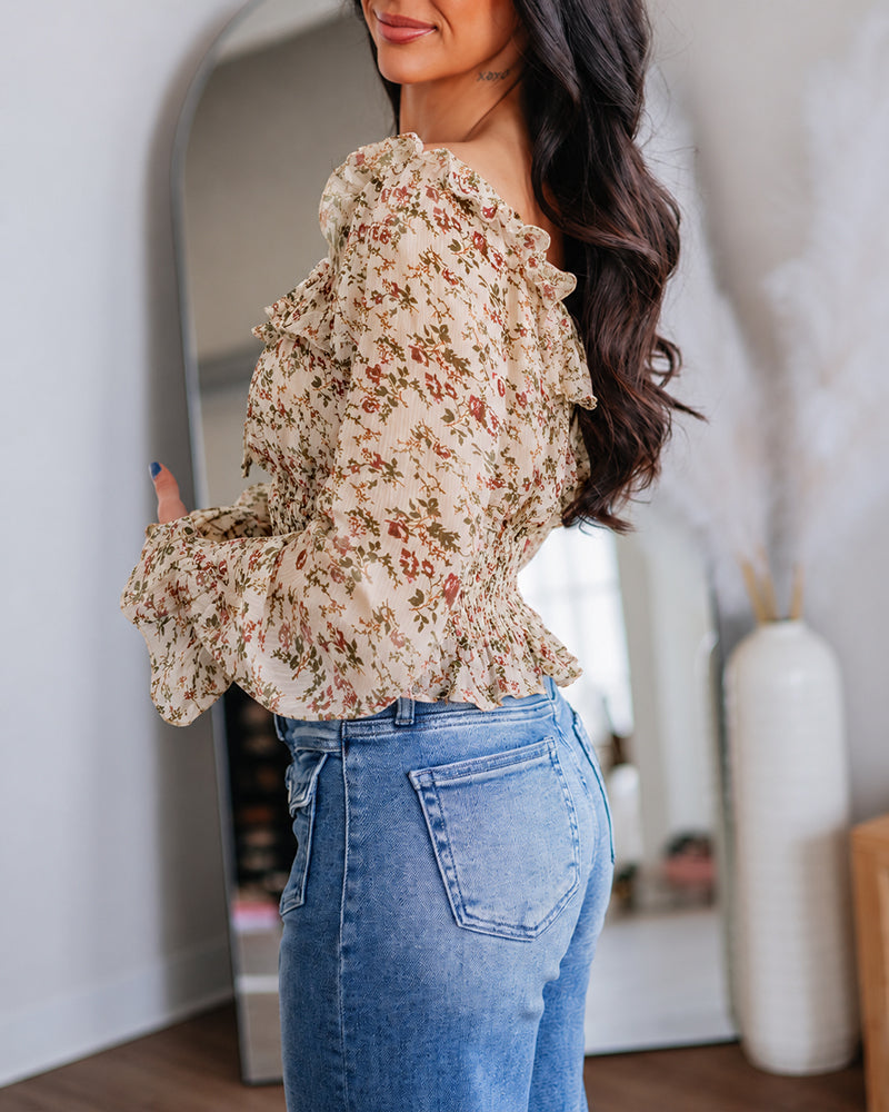 Women's Ditsy Floral Chiffon Off Shoulder Tie Front Shirred Peplum Top
